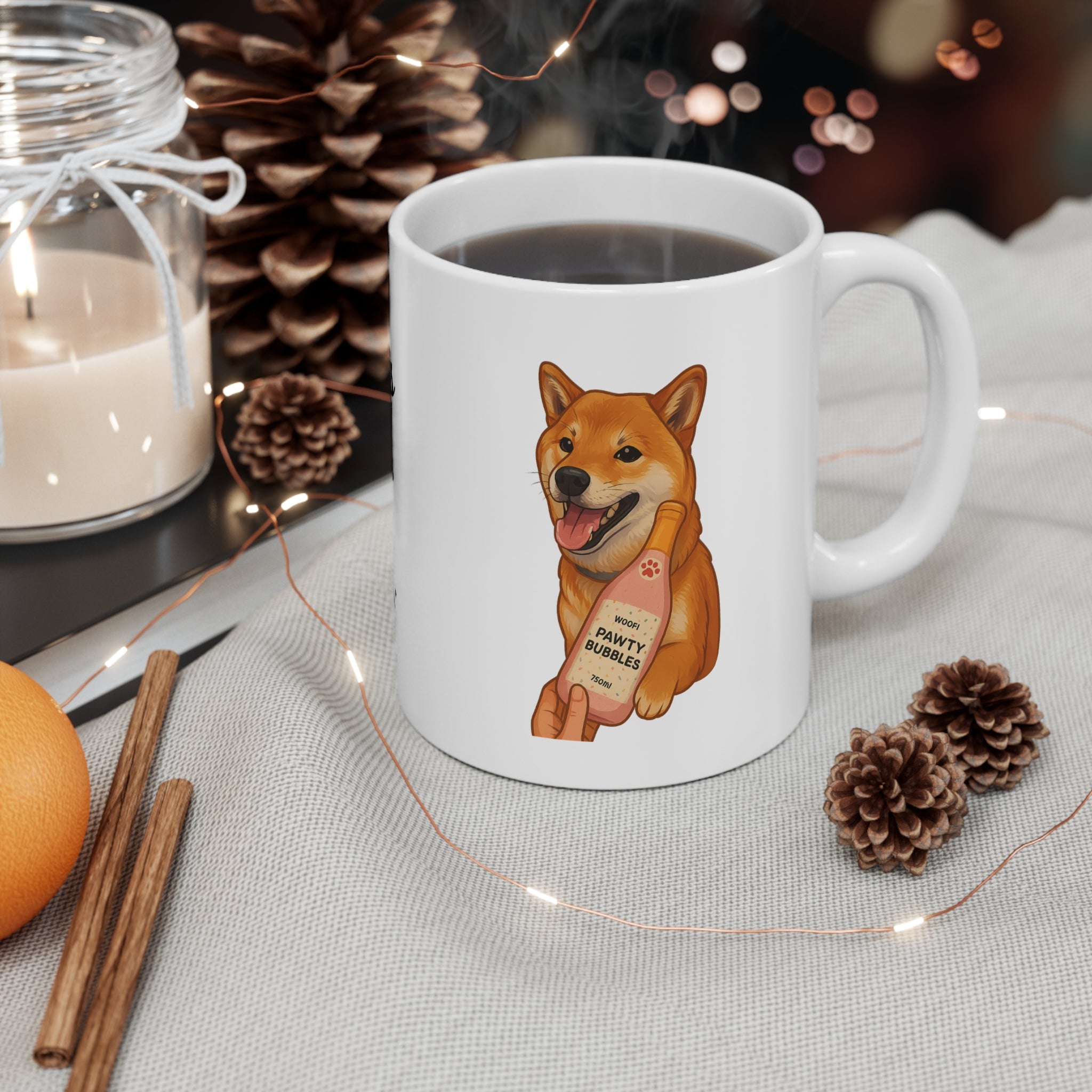 "Cheers! One of us is drinking bubbles..." SHIBA Mug (US) 11oz Ceramic